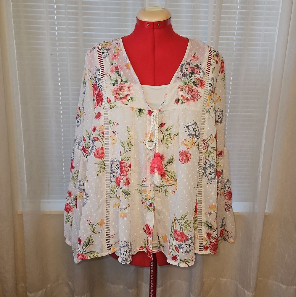 Time and Tru White Sheer Floral Tie-Front Blouse with Pink & Blue Flowers